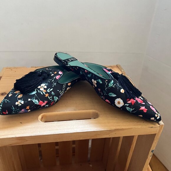 Anthropologie LAB Size 38 8 Black Floral Tasseled Pointed Toe Slides Flats Mules - Picture 7 of 15